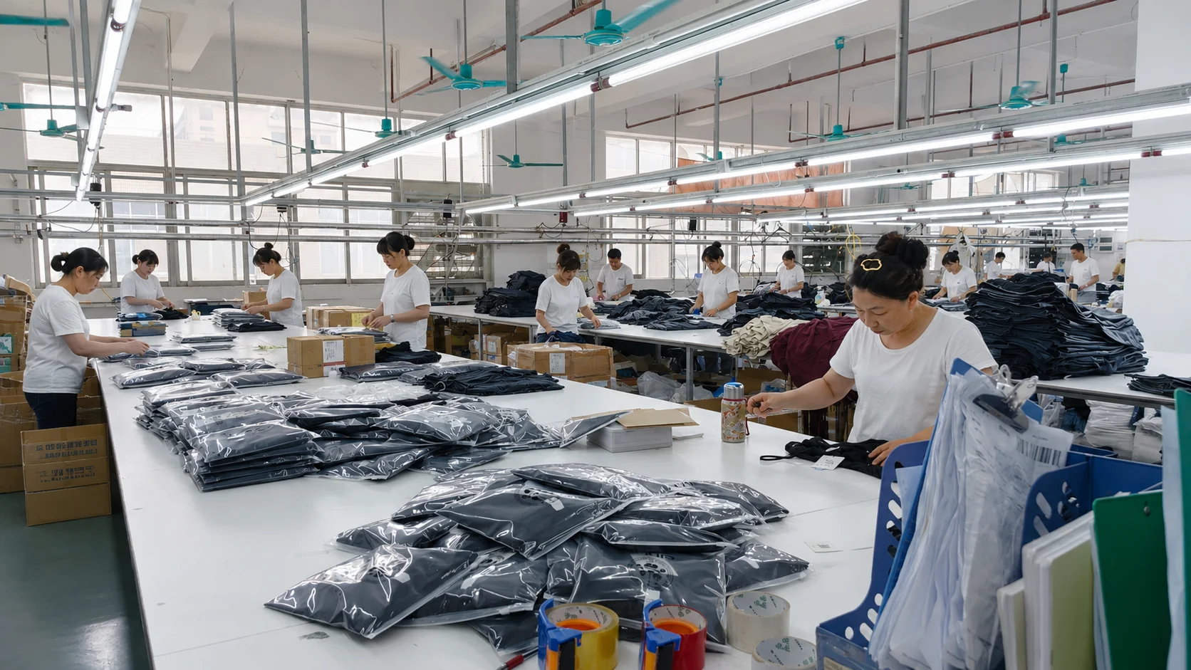 Garments being prepared and packed in the YIDI company packing area.
