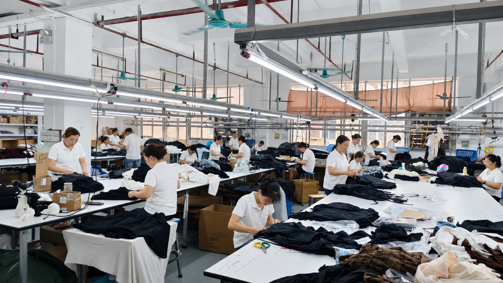 YIDI staff working in the garment finishing and quality inspection area.