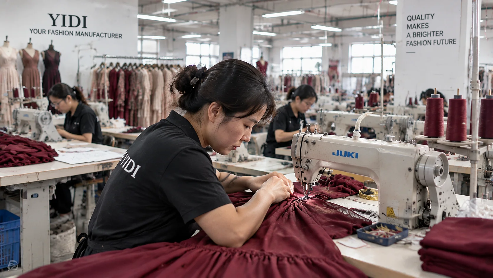 Concept scene of sewing operators assembling burgundy garments in a workshop.