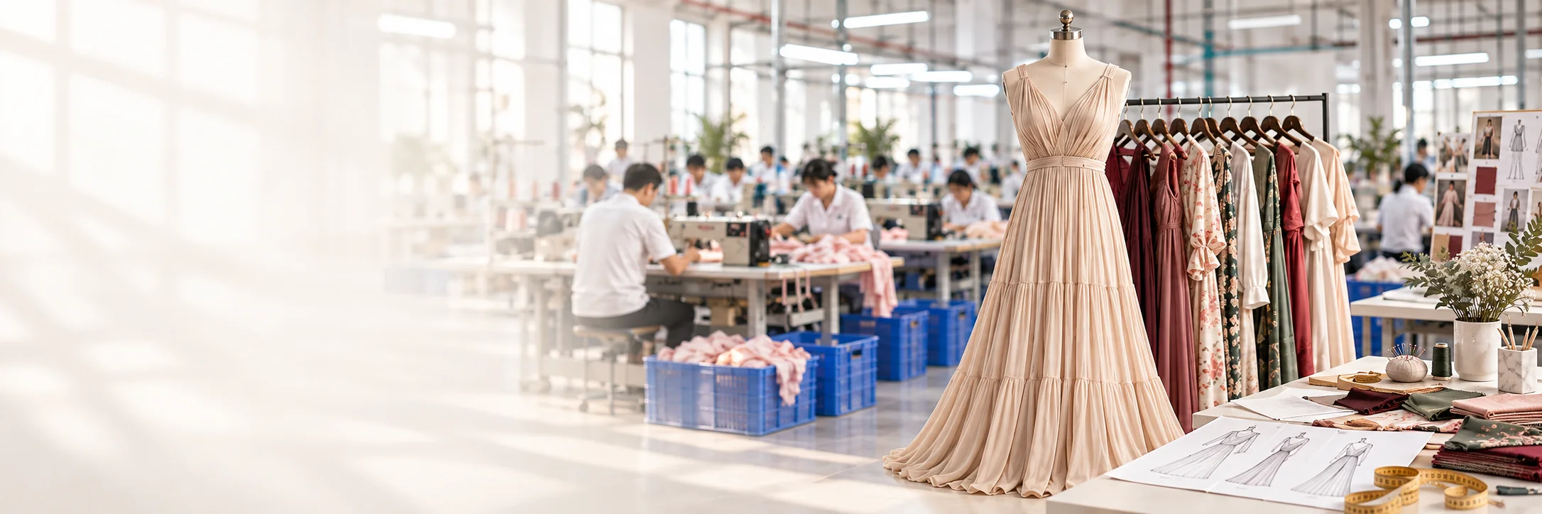 Concept scene of a dress-development workspace with a mannequin, style rack, sewing tables, and fabric swatches.
