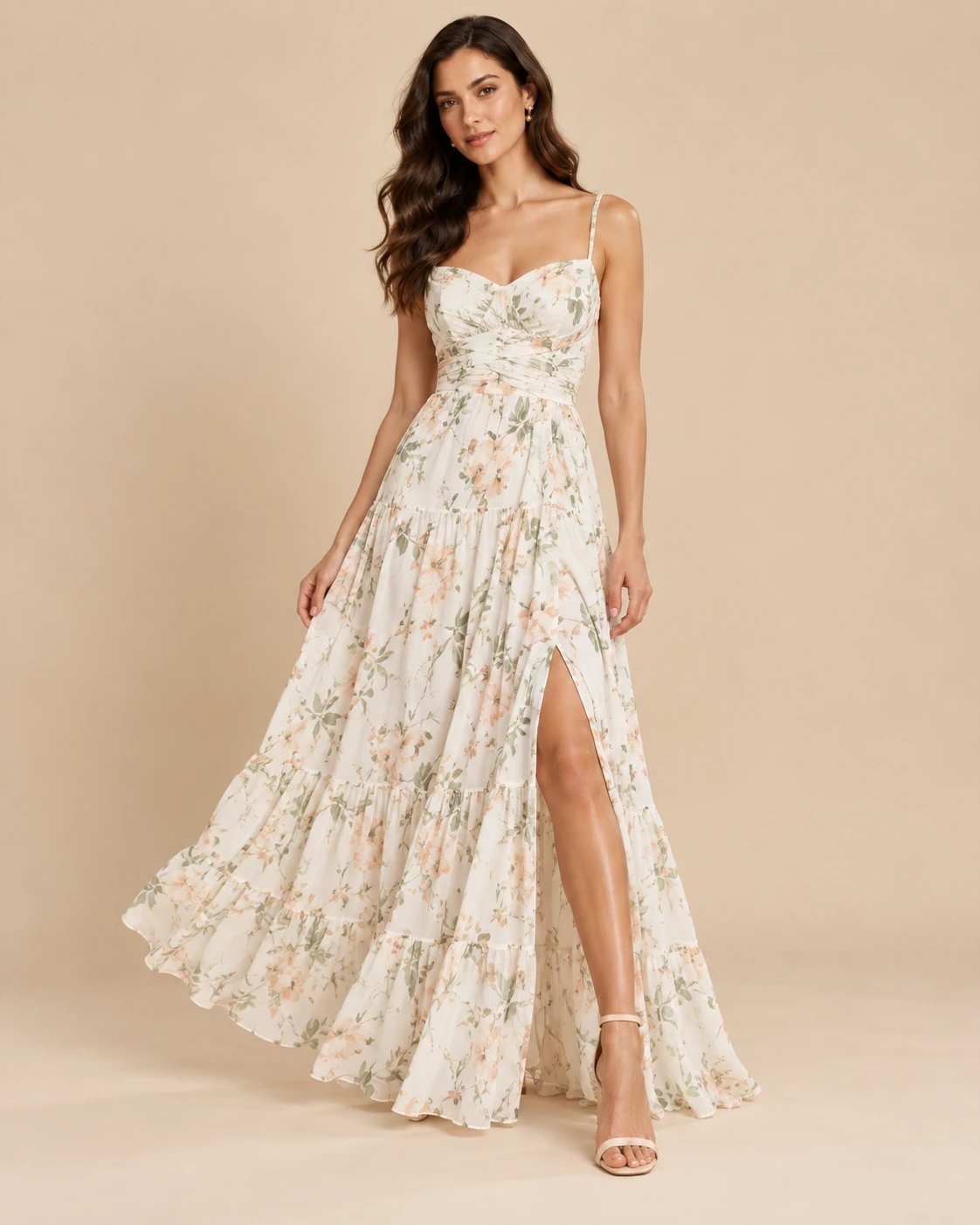 Floral dress concept with thin straps, a gathered bodice and a tiered skirt.