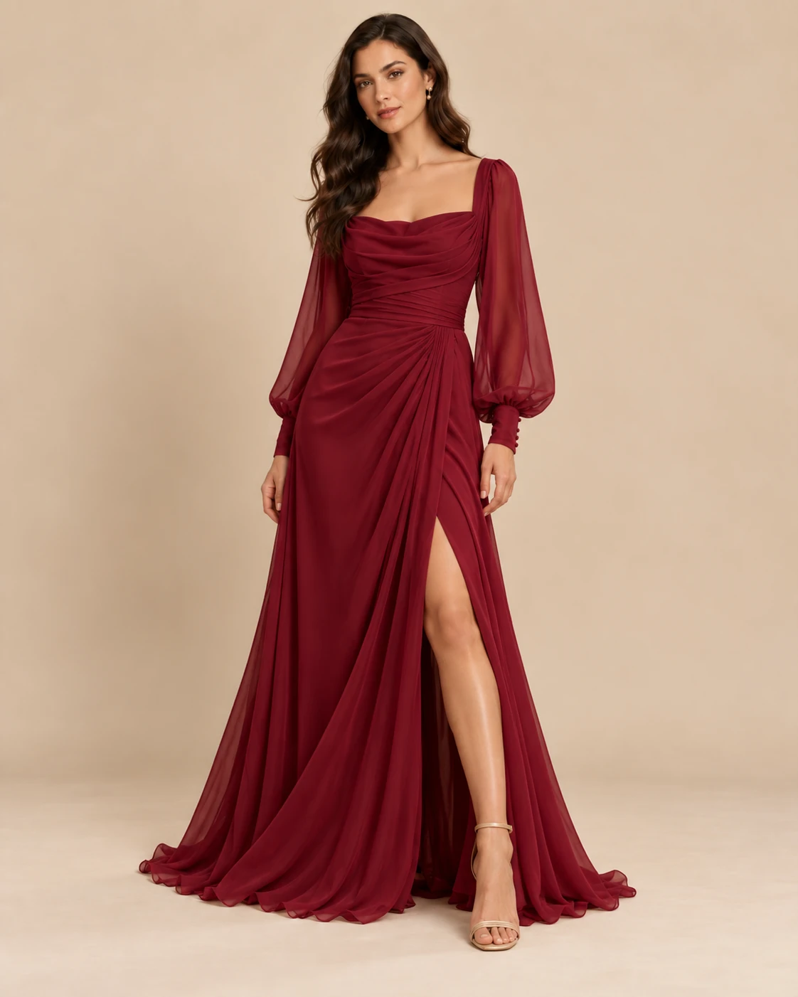Burgundy evening dress concept with sheer sleeves and a draped waist.