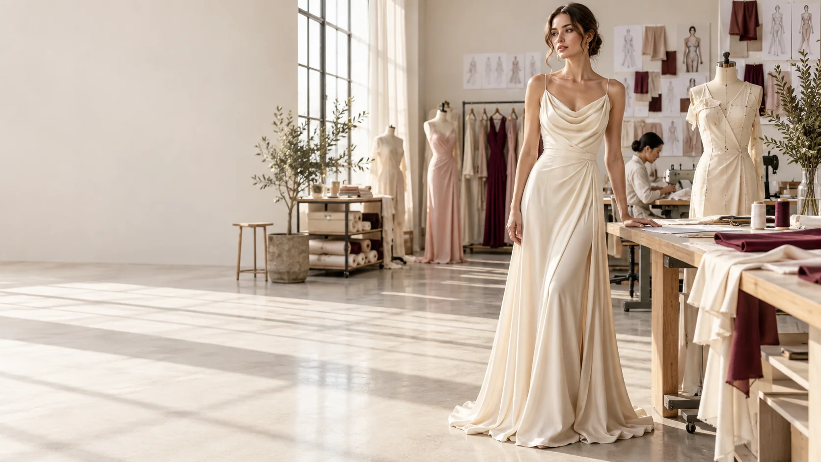 Ivory dress model in a fashion development studio.