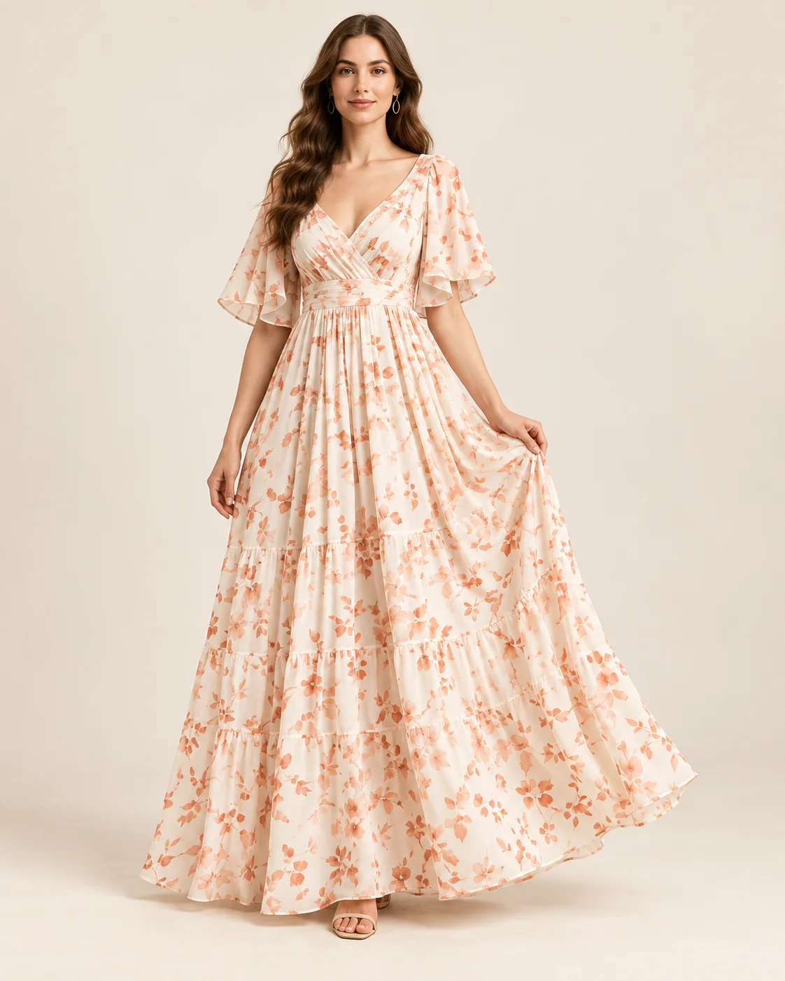 Floral casual maxi dress with flutter sleeves and a tiered skirt.