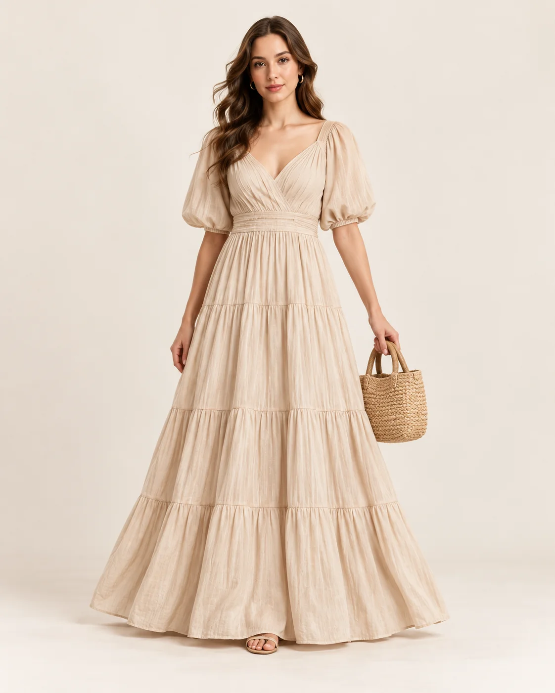 Cream tiered maxi dress with puff sleeves and a woven carry bag.