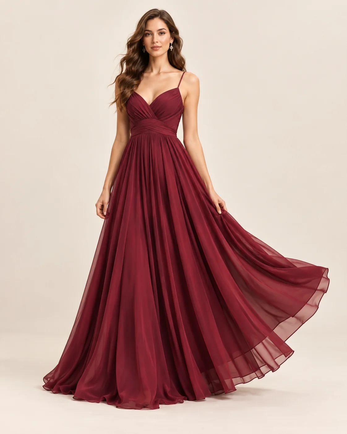 Burgundy evening maxi dress with a draped bodice and flowing skirt.