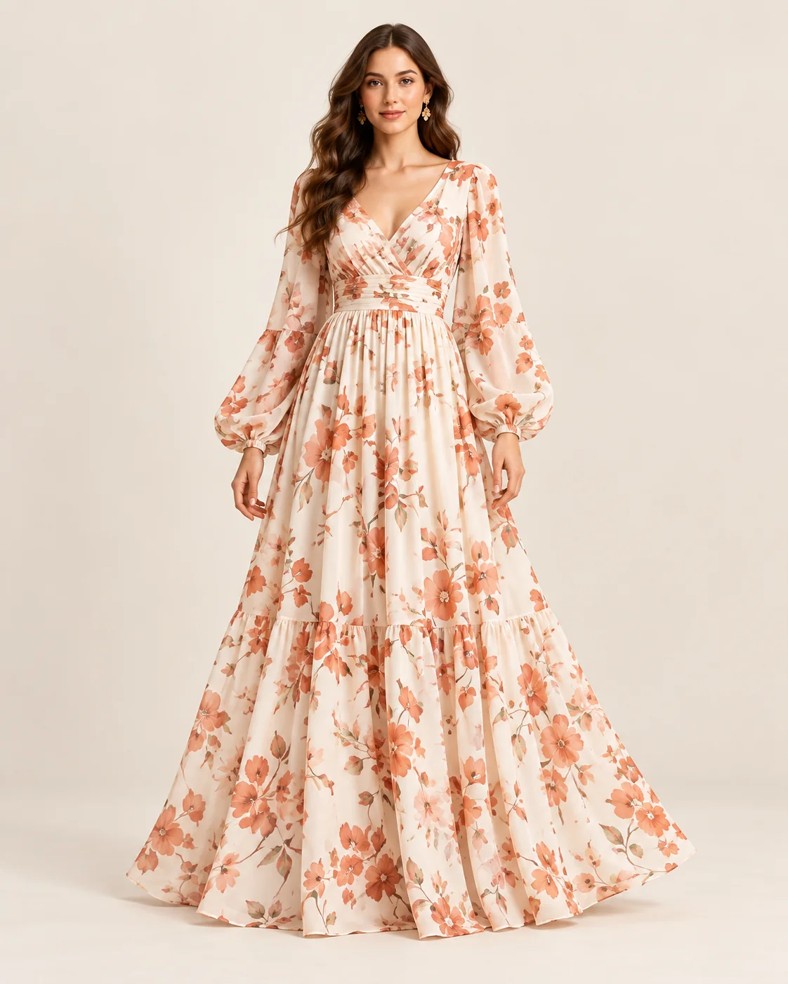 Long-sleeve floral maxi dress with a gathered waist and tiered skirt.