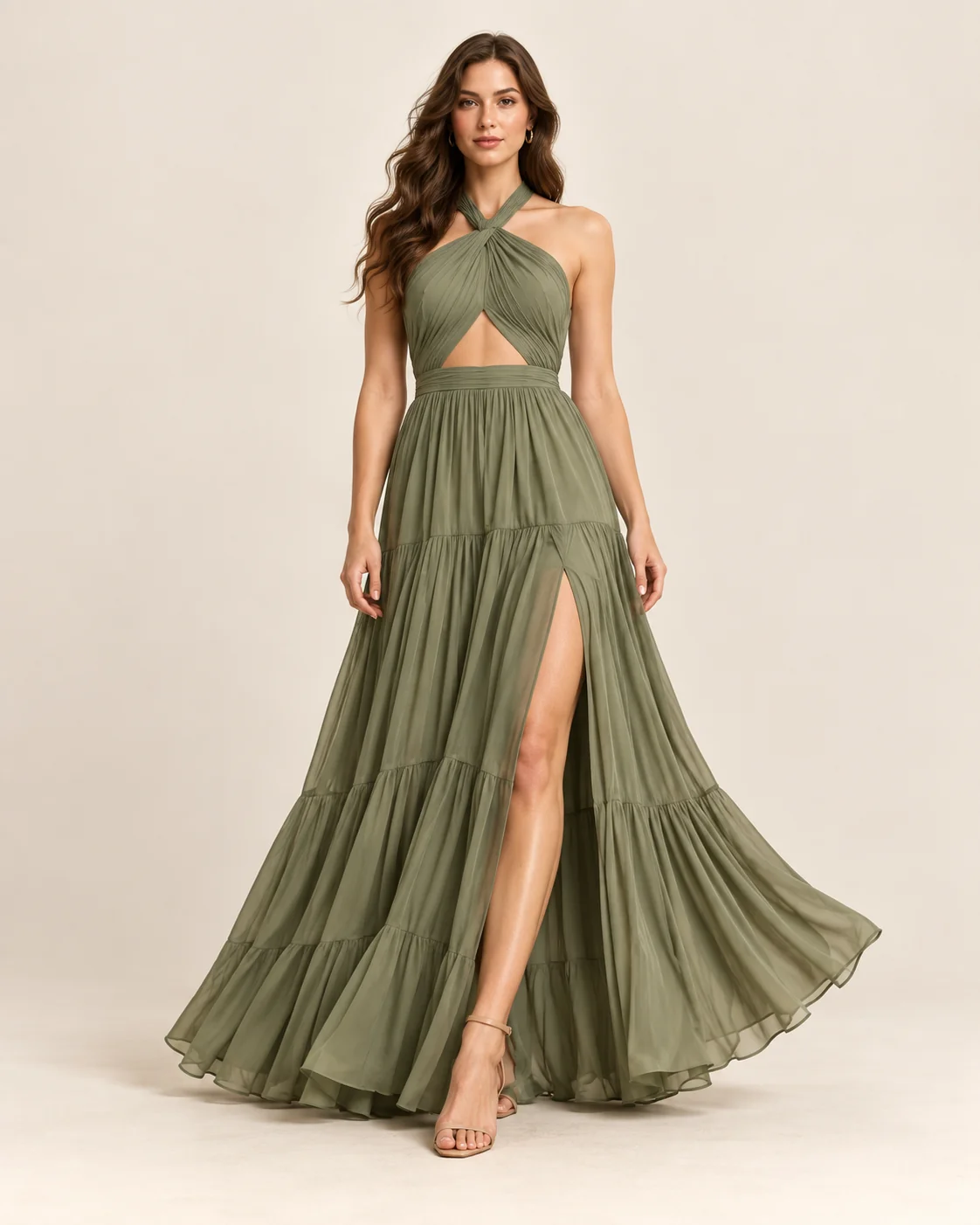 Olive resort maxi dress with a halter neckline and tiered skirt.
