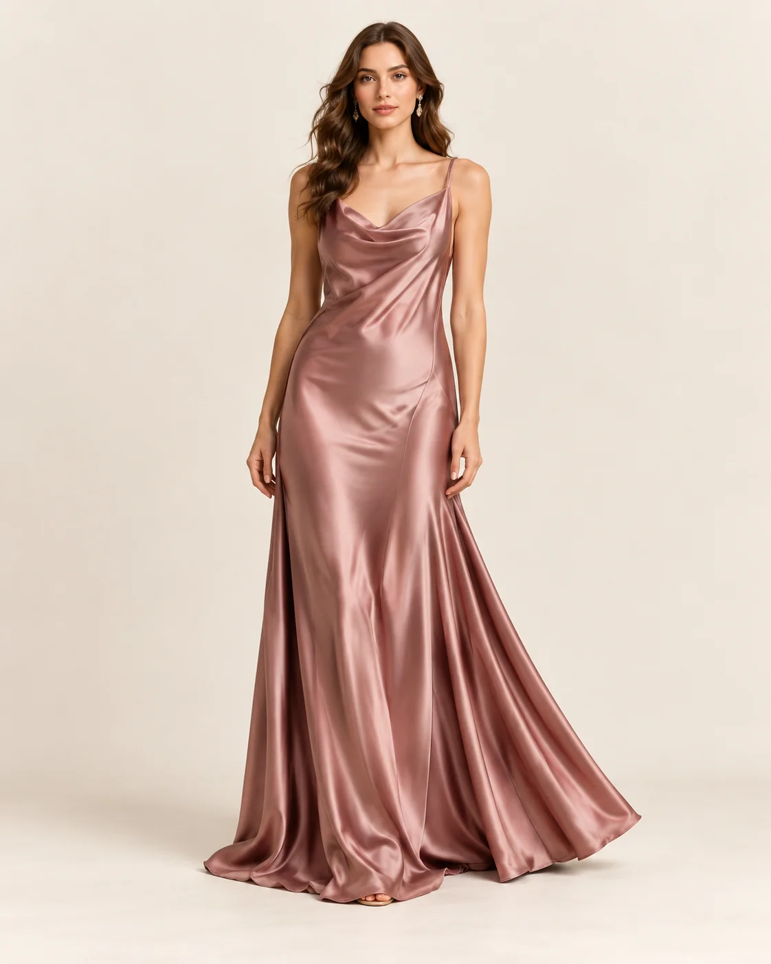 Blush satin maxi dress with a draped neckline and fluid skirt.