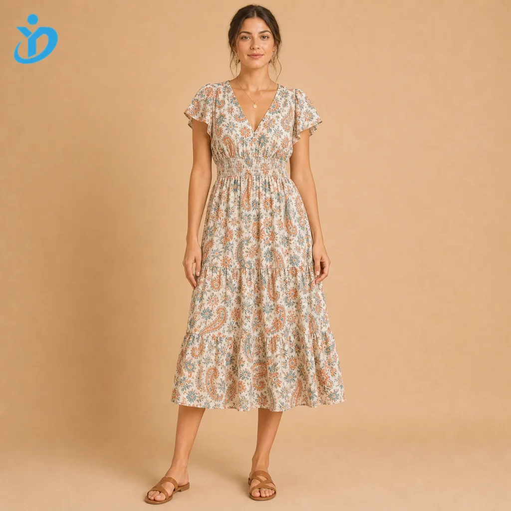Custom women's casual bohemian midi dress, front view.