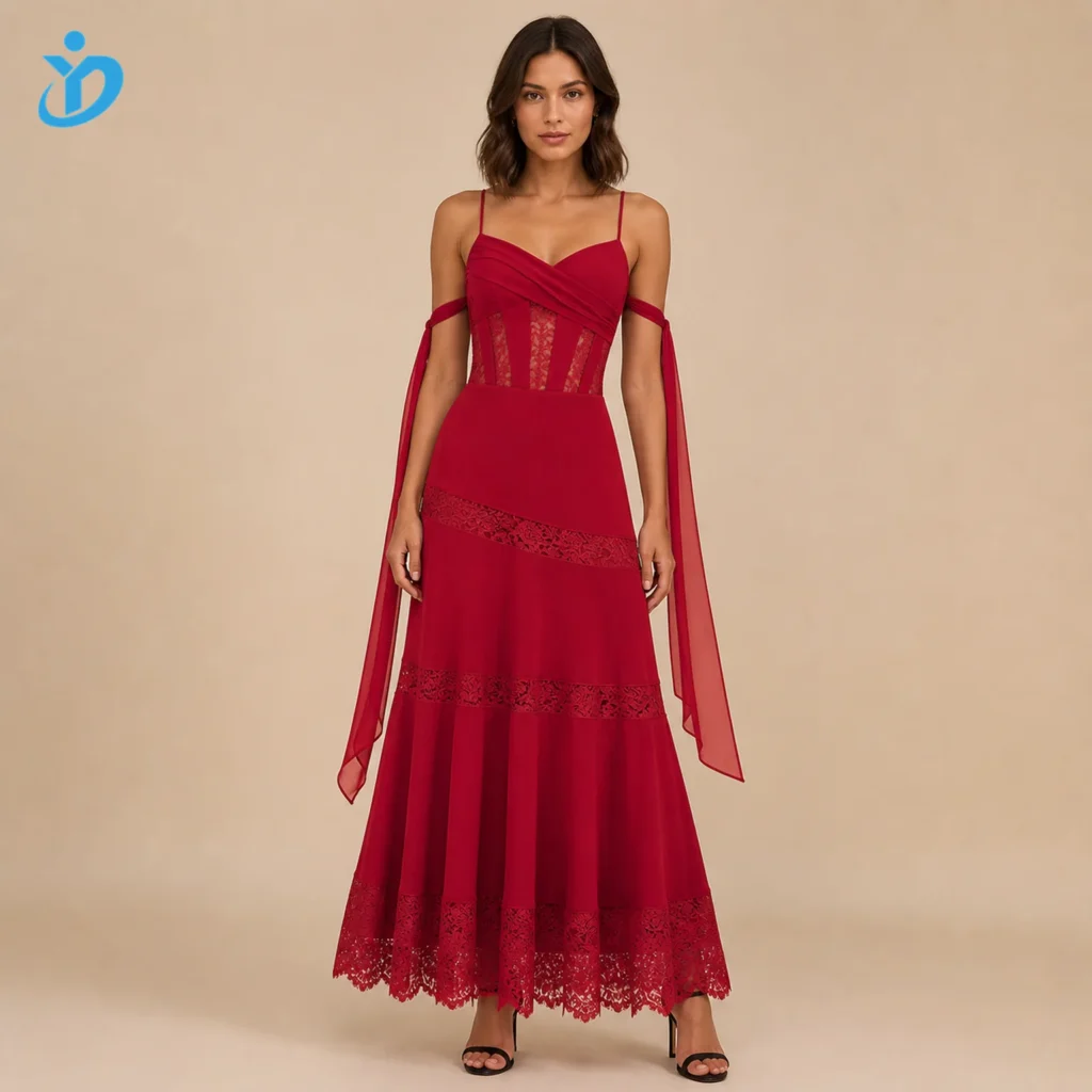 Custom women's crimson lace-panel maxi dress, front view.