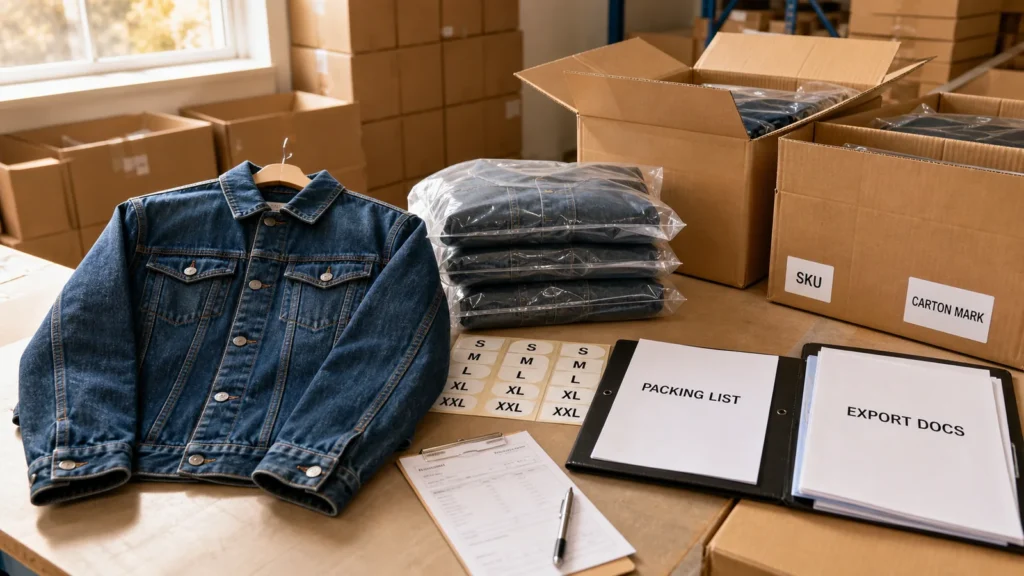 Finished garments with SKU labels, packing list, carton marks, and export documents.