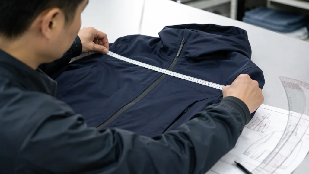 Apparel technician measuring a fit sample against a clothing tech pack.