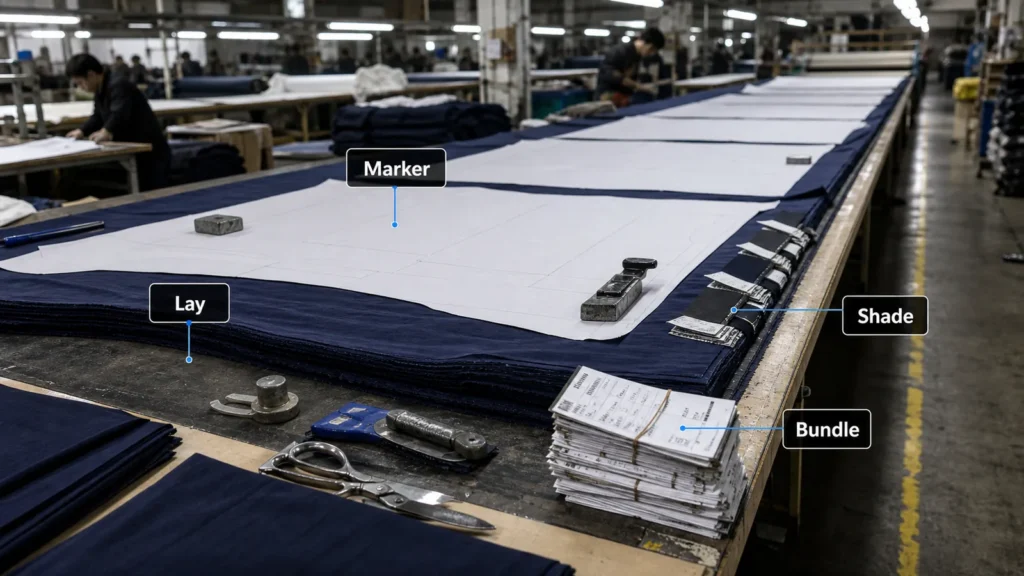 Garment cutting table with marker planning, fabric lay, and size bundles.