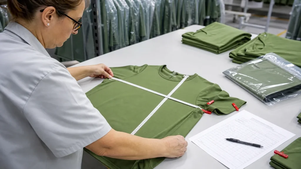 Garment inspector measuring and checking a small clothing batch against an approval sample.