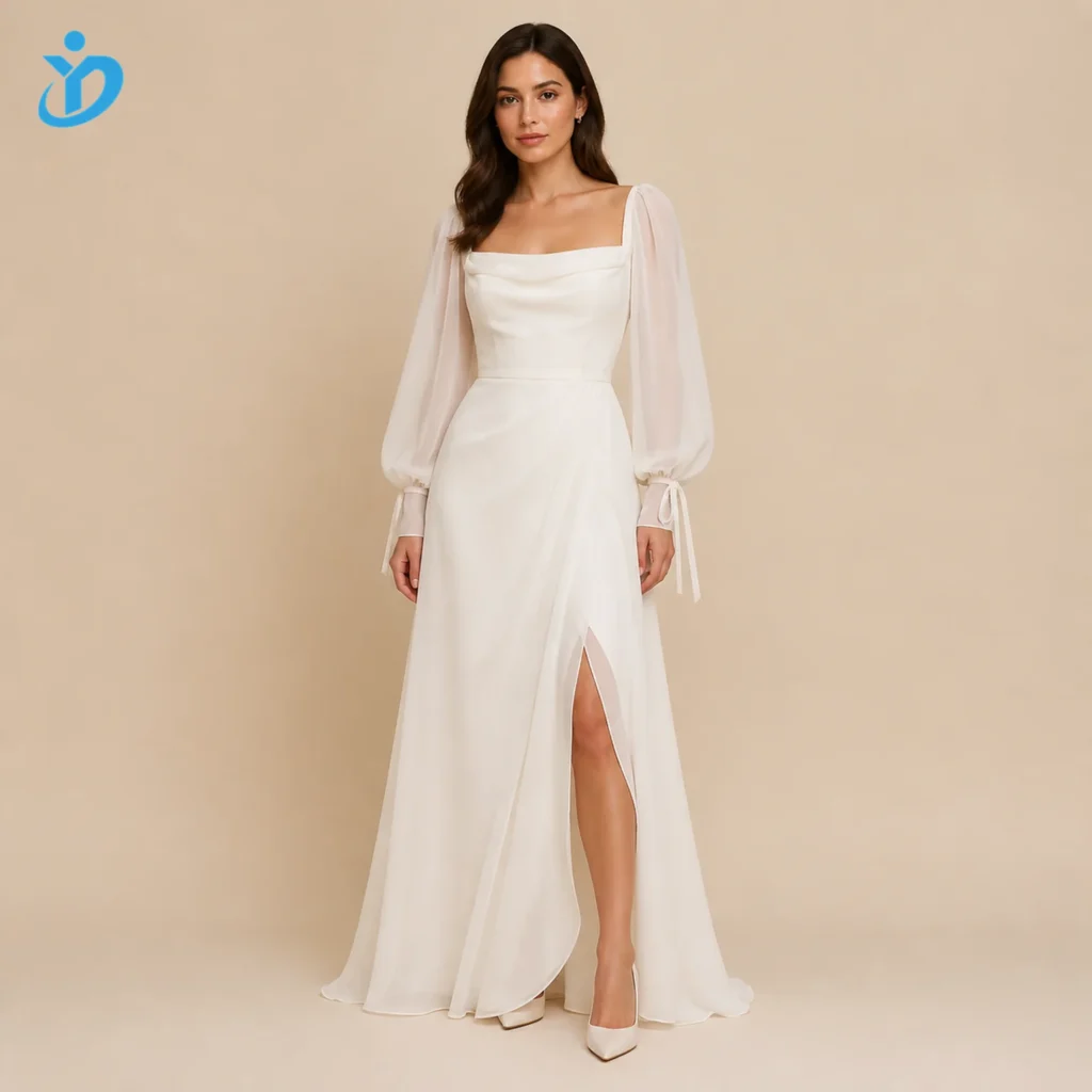 Custom women's ivory drape-sleeve chiffon maxi dress, front view.
