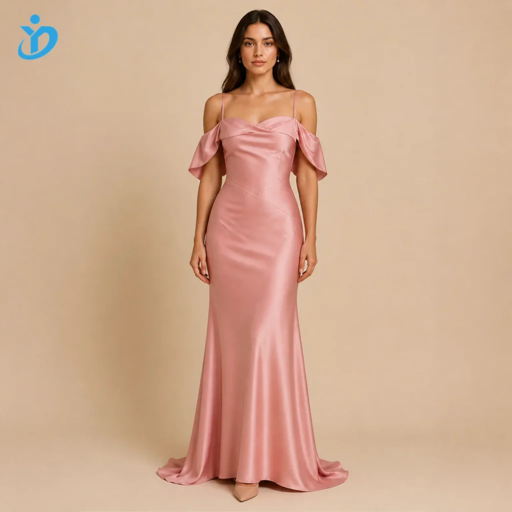 Custom women's rose off-shoulder draped satin maxi dress, front view.
