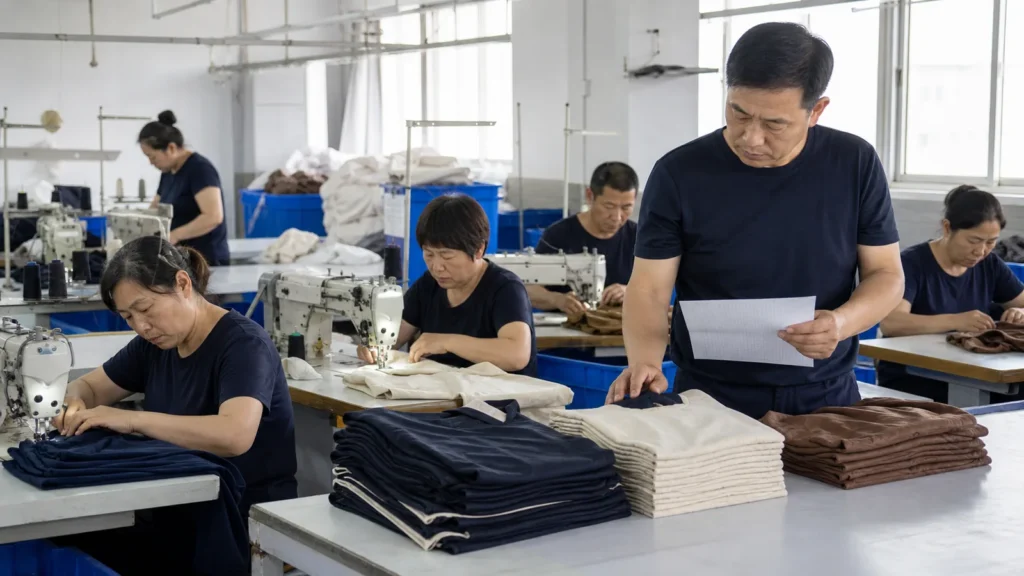 Garment production team operating a modular small-batch sewing cell.